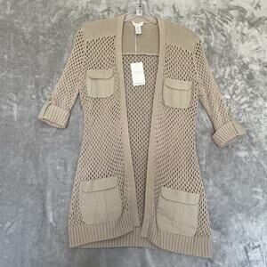 NEW Chicos 0 Women Small Cardigan Open Front Linen Blend Crochet Roll Tab Sleeve